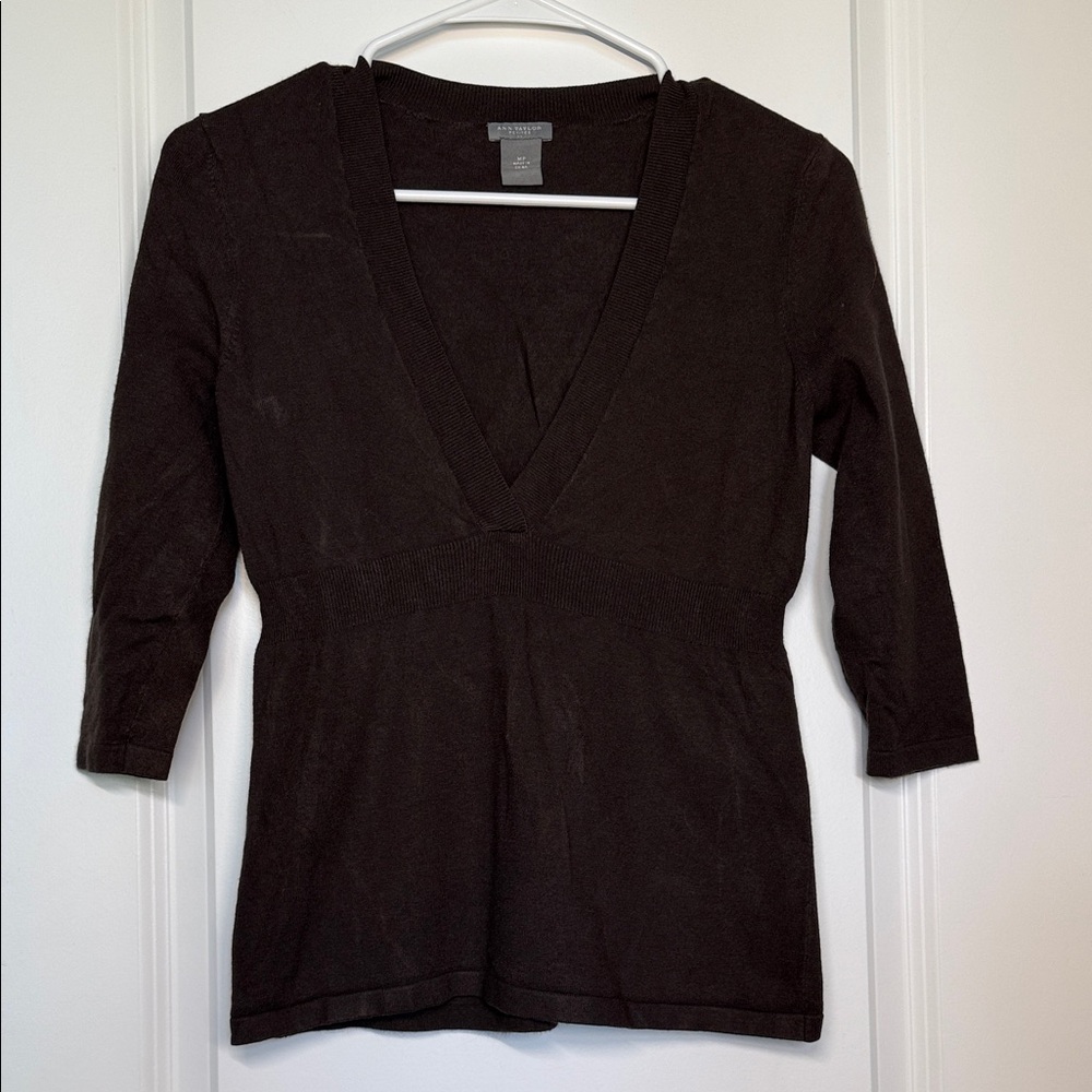 Ann Taylor Deep Brown V-Neck Three-Quarter Sleeve Top